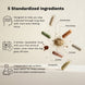 Standardized ingredient graphic for Continuum showing labeled capsules—Rhodiola rosea, Panax ginseng, Cordyceps, Eleuthero, and Ashwagandha—with notes on daily routine and independent lab screening for heavy metals and microbial contaminants.