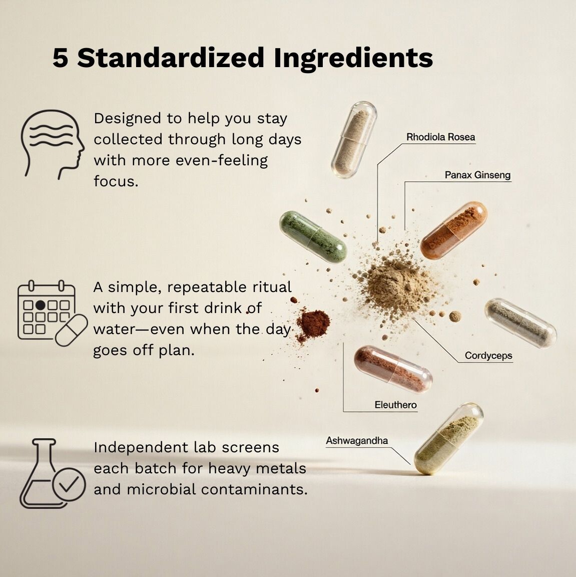 Standardized ingredient graphic for Continuum showing labeled capsules—Rhodiola rosea, Panax ginseng, Cordyceps, Eleuthero, and Ashwagandha—with notes on daily routine and independent lab screening for heavy metals and microbial contaminants.