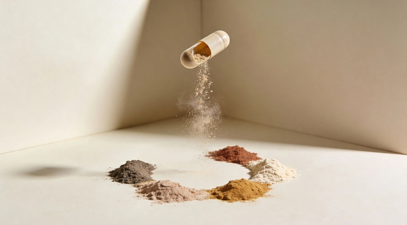 Open capsule pouring powder above five small piles of ingredient powders on a neutral surface.