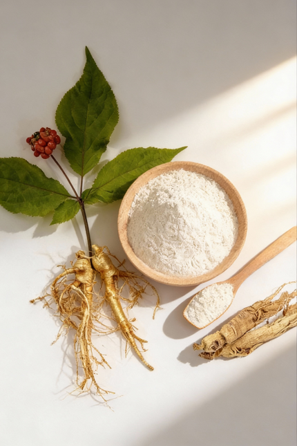 Ginseng root, leaves, and powder in a bowl on a light background