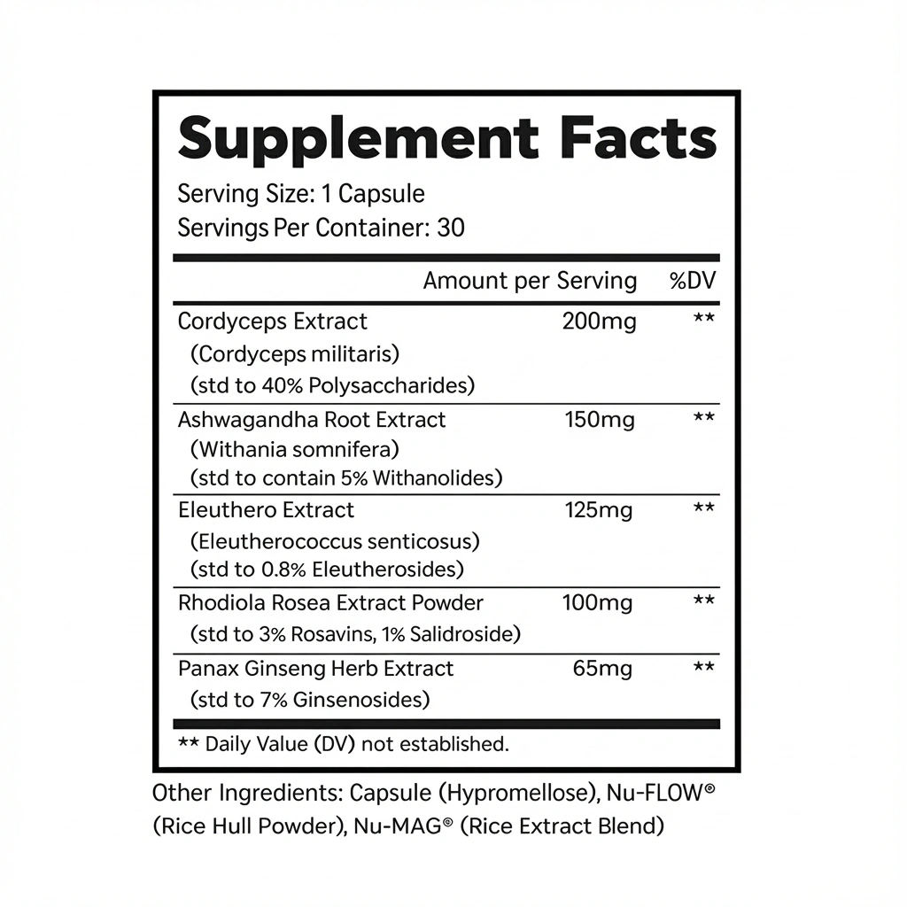 Supplement Facts panel for Continuum showing serving size 1 capsule (30 servings) and standardized extracts with amounts: Cordyceps 200 mg, Ashwagandha 150 mg, Eleuthero 125 mg, Rhodiola rosea 100 mg, Panax ginseng 65 mg; other ingredients include hypromellose capsule and rice-based flow agents.