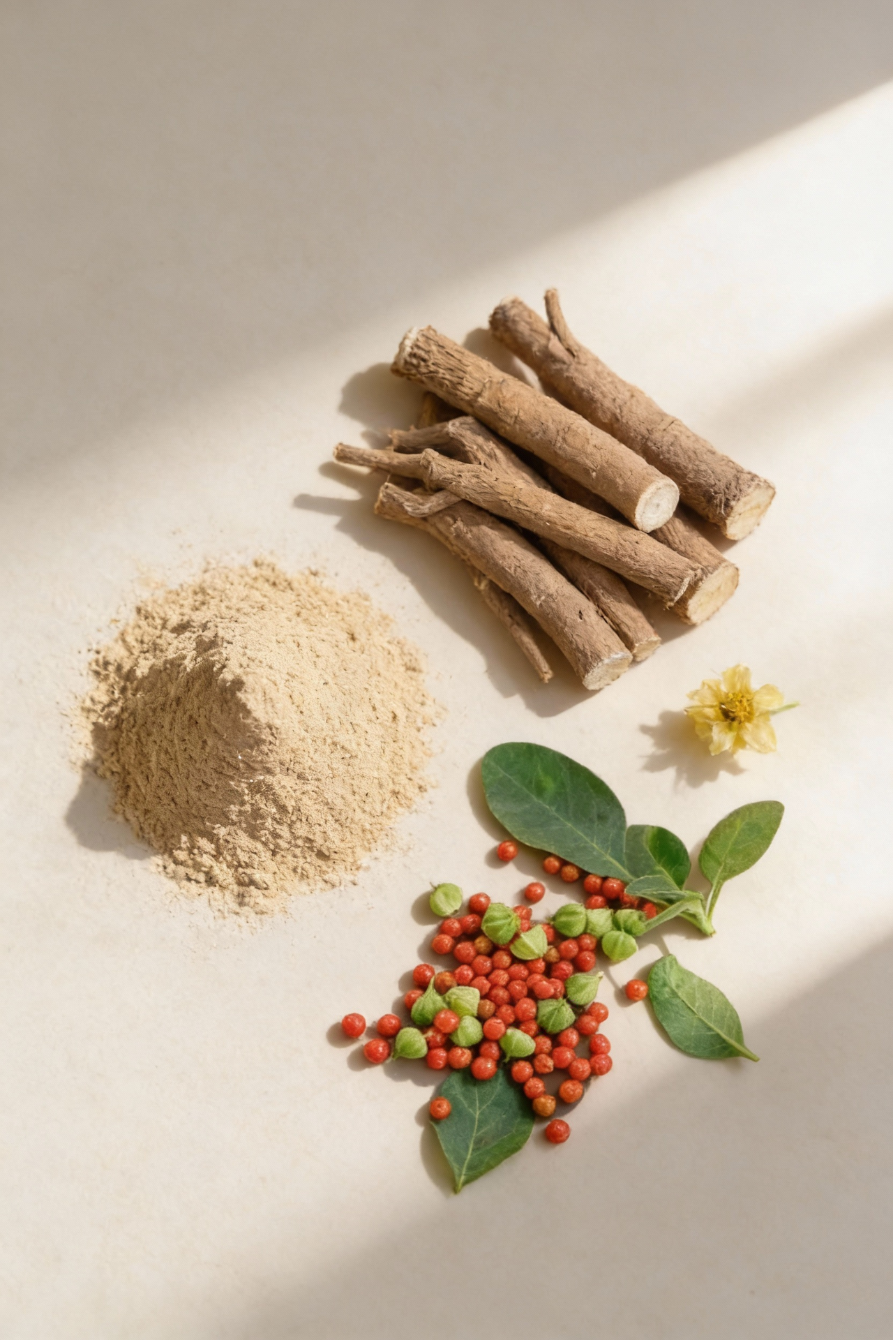 Ashwaghanda roots, powder, and berries on a light background.