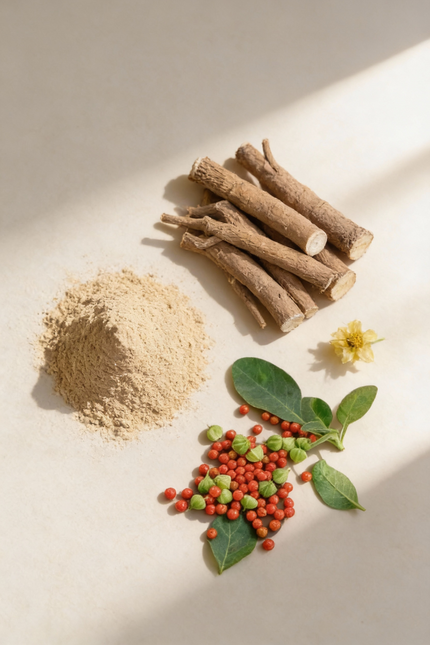 Ashwaghanda roots, powder, and berries on a light background.