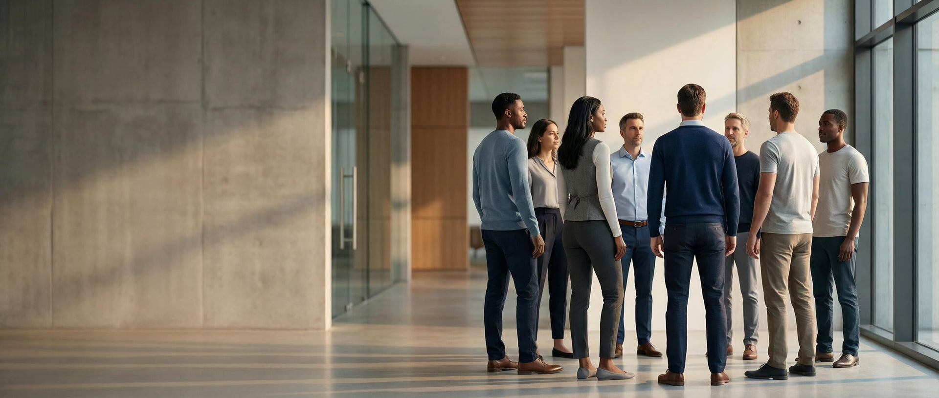 The Resilience Network. Group of partners standing in a modern, well-lit hallway.