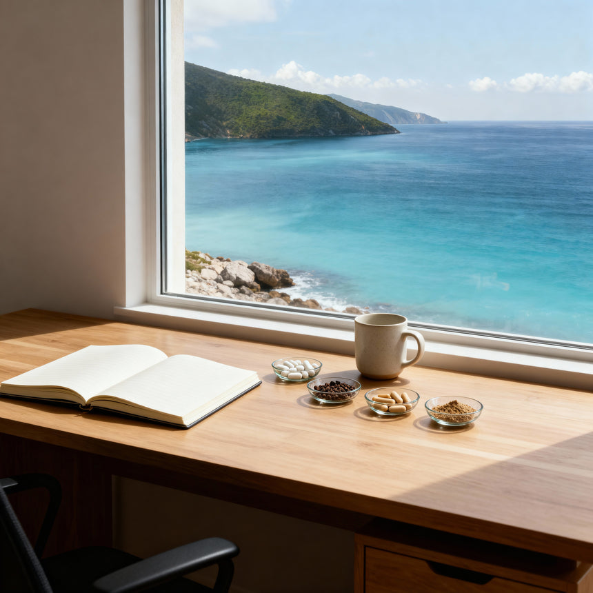 Wooden desk with an open book, mug, and small bowls by a window with a scenic ocean view.
