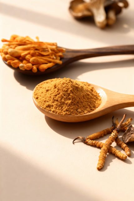 Wooden spoon filled with cordyceps powder, surrounded by cordyceps roots on a light background