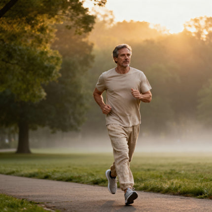 Man jogging on a path in a park during sunrise