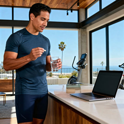 Man in athletic wear holding a glass of water and a supplement, with a laptop on a counter in a modern room with large windows.