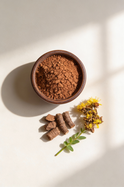 Bowl of golden root powder with roots and flowers on a light background