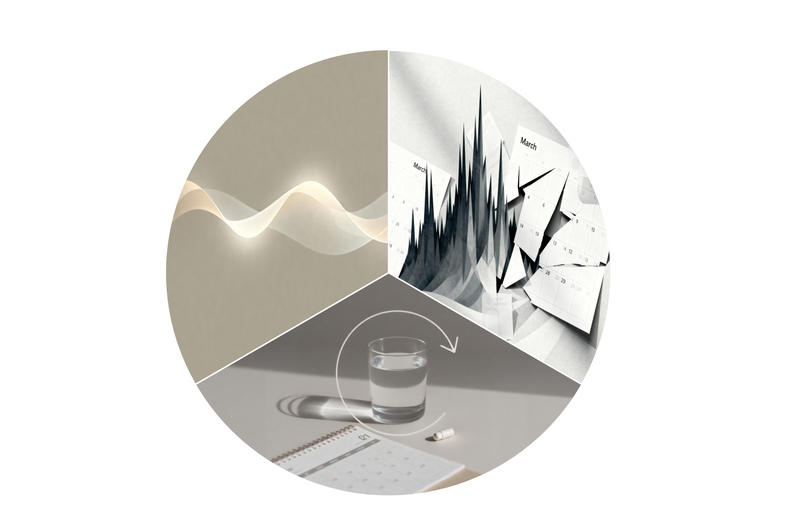 Circular three-panel collage showing a smooth wave graphic, jagged spike chart over torn calendar pages, and a glass of water with a capsule beside a calendar to suggest a daily routine.