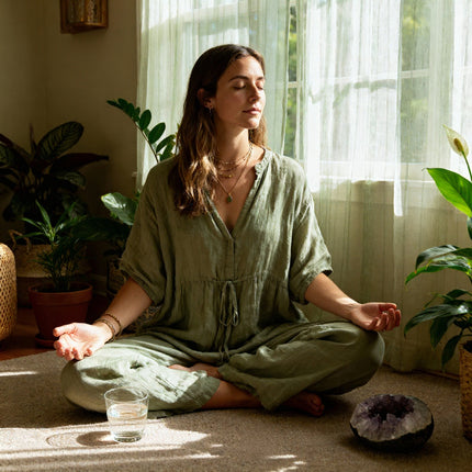 Woman meditating in a serene room with plants and a window.