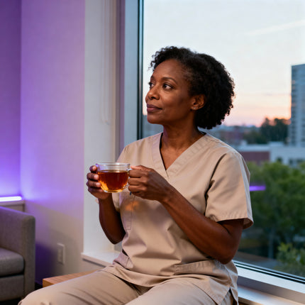 Woman in beige outfit holding a cup of tea by a window at dusk.